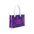 A clear handbag with an iridescent purple finish and white handles, featuring a simple, sleek design.