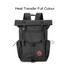A black polyurethane roll top backpack featuring adjustable straps and side pockets, with a logo on the front.