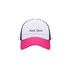 A pink and white premium vintage trucker hat with a dark blue mesh back and a size label of 58cm for adults.