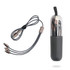 A black capsule storage case with a grey braided charging cable featuring multiple connectors inside. A black capsule storage case with a grey braided charging cable featuring multiple connectors inside.