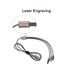 A braided charging cable in grey, featuring a metallic attachment with a logo and multiple connector options. A braided charging cable in grey, featuring a metallic attachment with a logo and multiple connector options.