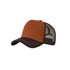 A brown and orange fashion mesh hat with a twill front and mesh back, featuring a curved brim.