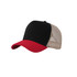 A black and red Fashion Mesh Hat with a mesh back and a solid front panel, featuring a logo.