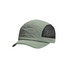 A short brimmed running cap in olive green with a black mesh side panel and a logo.