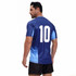 A blue and light blue crew neck raglan tee shirt featuring the number 10 on the back, worn by a man.