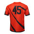 A vibrant red sport tee shirt featuring a black design and the number 45 on the back. It has a crew neck and raglan sleeves.