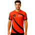 An orange and black crew neck sport tee with a logo and number on the front, featuring a raglan style design.