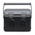 A portable sound box in black with a grey lid, featuring a sturdy handle and two speaker openings.
