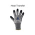 A cut-resistant nitrile glove in grey and black, featuring a logo on the palm and a yellow cuff.