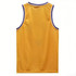 A sleeveless sport jersey in bright yellow with purple trim and a logo on the back. Made of 100% polyester.