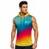 A sleeveless hoodie featuring a gradient design in teal, yellow, and red, with a logo on one side.