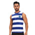 A V-neck singlet featuring blue and white stripes, made from 100% polyester micro mesh, with a logo on the chest.