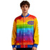 A vibrant unisex track jacket featuring a rainbow design with blue, yellow, red, and orange colours. It has a logo on one side.