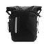 A black waterproof roll top backpack with adjustable straps and side zip pocket, featuring a logo.