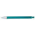 A teal ballpoint pen with a metallic silver tip and a ridged grip, featuring a branding logo.