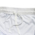 White polyester soccer shorts with a breathable lining and an elastic waistband featuring a drawstring.