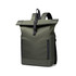 A roll top laptop backpack in dark green with adjustable straps and zippered front pockets. It features a logo.