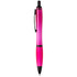 A pink and black pen with a translucent design and a sleek clip, featuring a logo.