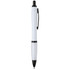 A black and white pen with a translucent barrel and a black clip, featuring a logo on the body.