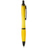 A yellow pen with a black clip and tip, featuring a logo on its body.