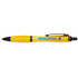 A yellow pen with a transparent barrel and a black tip, featuring a logo and the word "WOODWORK."