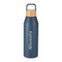 A drink bottle in navy blue with a bamboo lid and a logo on the side, made from recycled materials, 1L capacity.