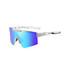 Frameless sports sunglasses in a white and blue colour scheme, featuring a large mirrored lens and a logo.