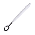 An inverted umbrella in white with a black handle and a curved hook end. It features a branding logo.