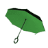 An inverted umbrella with a green interior and black exterior, featuring a C-shaped handle and a curved design.