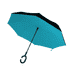 An inverted umbrella featuring a turquoise canopy and a black edge, with a curved black handle.