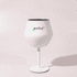 A white Shiraz detachable wine glass with a black interior and a stand, featuring a logo.