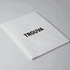 A white A5 notebook with a textured cover and a black logo on the front.
