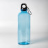 A drink bottle in blue plastic with a black lid and a metal carabiner attached.