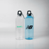 A drink bottle duo featuring a clear bottle with a black top and a blue bottle, both with carabiners and logos.