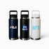 A drink bottle trio in navy blue, black, and white, featuring logos on the front of each bottle.