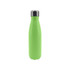 A drink bottle in vibrant green with a stainless steel cap and a smooth, matte finish. It features a logo.