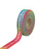 A roll of rainbow satin polyester ribbon featuring a gradient of colours with the phrase "forever love" printed on it.