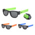 Slap band sunglasses in black with green, orange, and blue bands, featuring a logo.