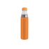 A drink bottle in vibrant orange stainless steel with a clear top, featuring a logo on the side.