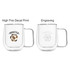 A barrel-shaped double wall mug in clear glass with two design options: decal print and engraving, featuring a logo.
