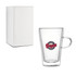 A double wall mug with a clear glass design, featuring a handle and a logo, alongside a plain white box.