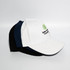 A white, navy, and black Snapback cotton baseball cap with a logo on the front.