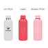A drink bottle collection featuring a white bottle, a pink bottle, and a light pink bottle, each with a logo.