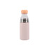 A drink bottle in light pink with a stainless steel interior and an orange cap, featuring a logo.