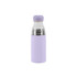 A drink bottle in a lilac colour with a stainless steel base, featuring a clear, screw-on lid and a logo.