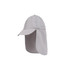 A grey baseball cap with a neck flap, featuring a protective design and a logo on the side.