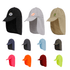 A collection of baseball caps with neck flaps in various colours including black, grey, beige, blue, and orange. Each has a logo.