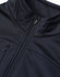 A black sustainable softshell jacket featuring a zip closure and a high collar, with an attached logo.