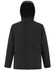 A black unisex quilted waterproof jacket with a hood and two front pockets, featuring a logo.