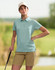 A teal ladies' sustainable jacquard knit short sleeve polo with a collar and side split. It has a logo on it.
